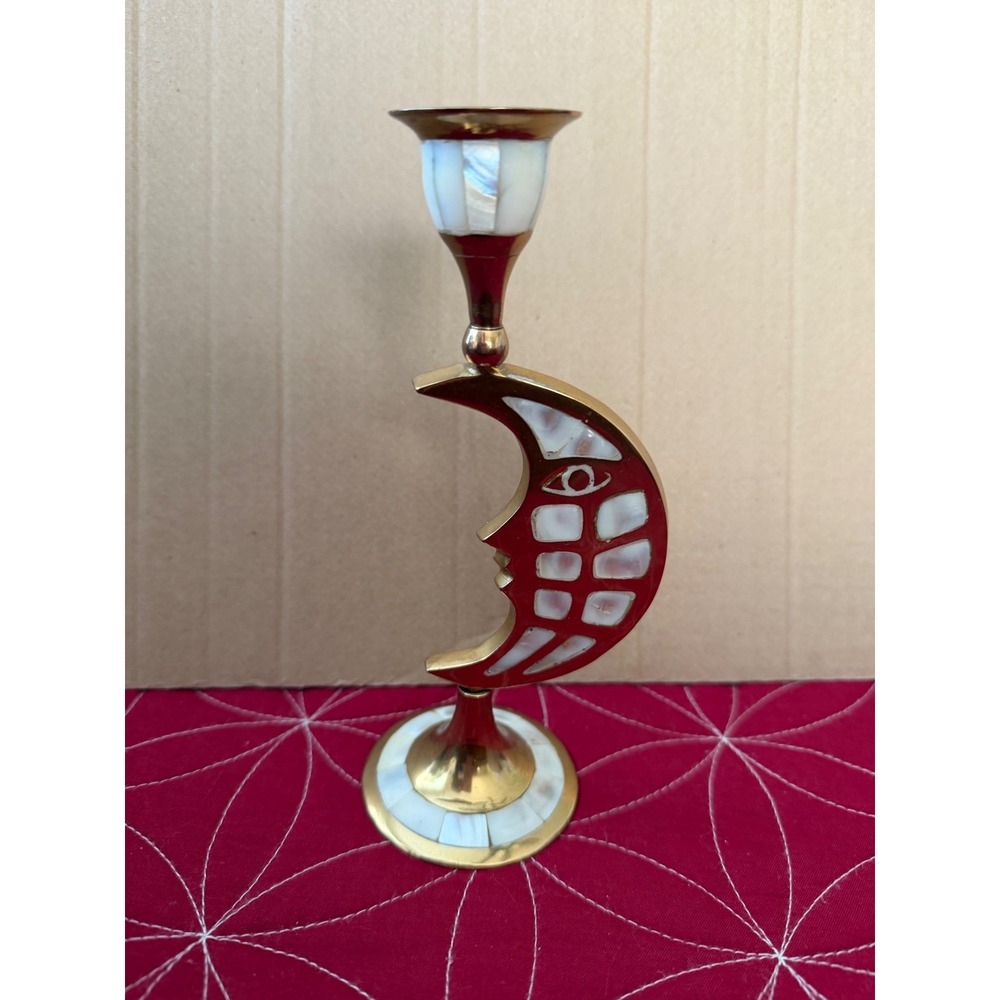Vintage Brass Crescent Moon Face Candlestick Holder Mother of Pearl Inlay 7"